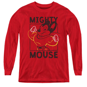 Red youth long sleeve t-shirt with Mighty Mouse Break The Box graphic