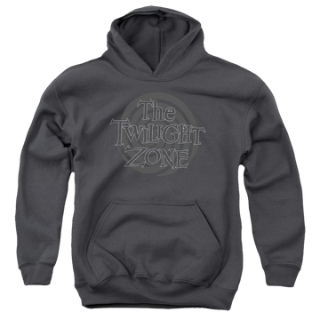 Charcoal youth hoodie for ages 8 to 12 with The Twilight Zone Spiral Logo graphic