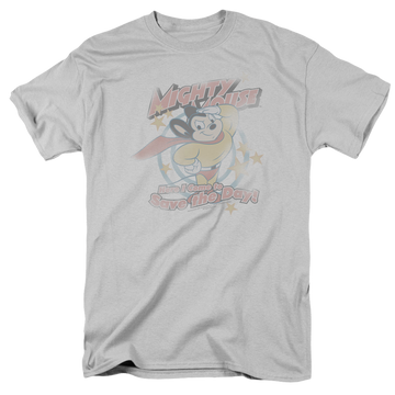 Silver men's regular fit t-shirt with Mighty Mouse At Your Service graphic