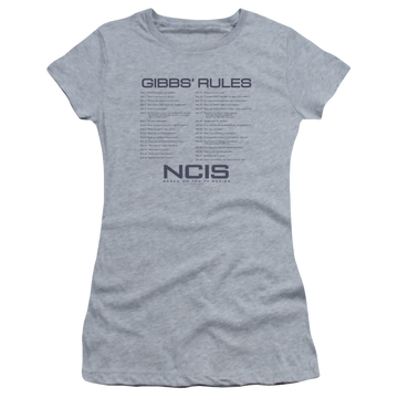 Athletic heather juniors t-shirt with NCIS Gibbs Rules graphic