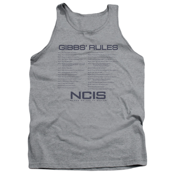 Athletic heather men's tank with NCIS Gibbs Rules graphic