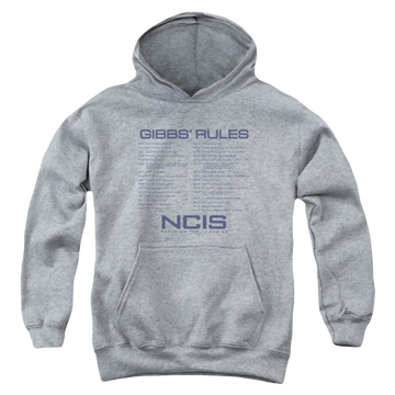 Athletic heather youth hoodie for ages 8 to 12 with NCIS Gibbs Rules graphic
