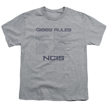 Athletic heather youth t-shirt for ages 8 to 12 with NCIS Gibbs Rules graphic