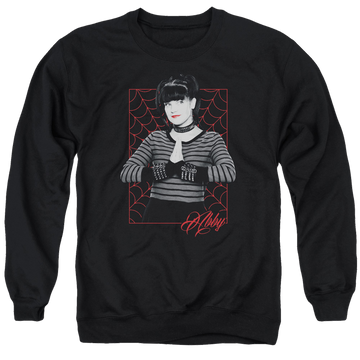 Black men's crewneck sweatshirt with NCIS Abby Webs graphic