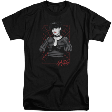 Black men's tall fit t-shirt with NCIS Abby Webs graphic