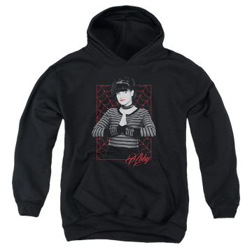 Black youth hoodie for ages 8 to 12 with NCIS Abby Webs graphic