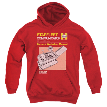 Red youth hoodie for ages 8 to 12 with Star Trek The Original Series Comm Manual graphic
