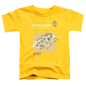 Yellow toddler t-shirt with Star Trek Shuttle Manual graphic