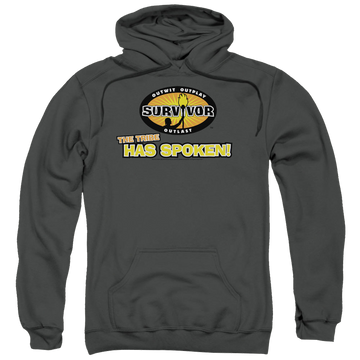 Charcoal pullover hoodie with Survivor Tribe Has Spoken graphic