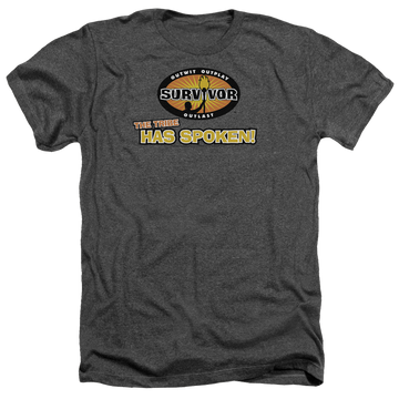 Charcoal men's heather t-shirt with Survivor Tribe Has Spoken graphic
