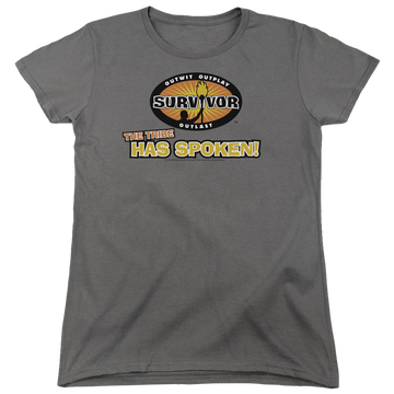 Charcoal women's t-shirt with Survivor Tribe Has Spoken graphic