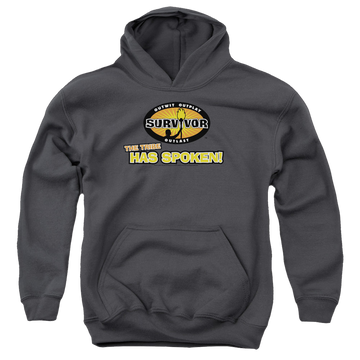 Charcoal youth hoodie for ages 8 to 12 with Survivor Tribe Has Spoken graphic