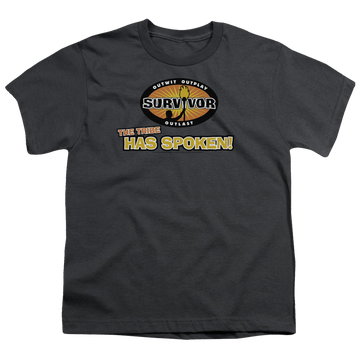 Charcoal youth t-shirt for ages 8 to 12 with Survivor Tribe Has Spoken graphic