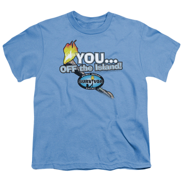Carolina blue youth t-shirt for ages 8 to 12 with Survivor You Off The Island graphic