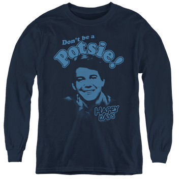 Navy youth long sleeve t-shirt with Happy Days Dont Be A Potsy graphic