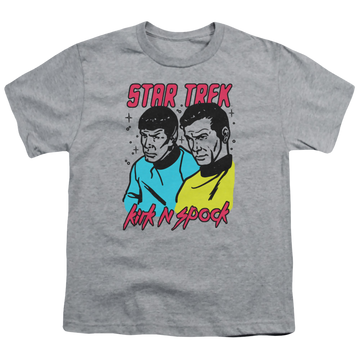 Athletic heather youth t-shirt for ages 8 to 12 with Star Trek The Original Series Kirk N Spock graphic