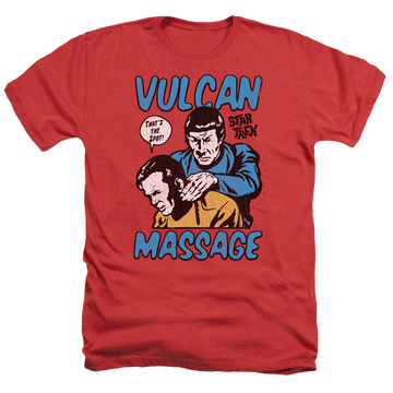 Red men's heather t-shirt with Star Trek Massage graphic