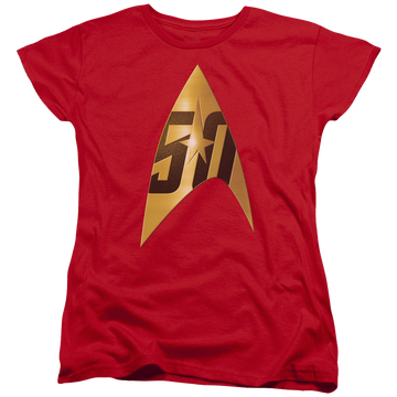 Red women's t-shirt with Star Trek The Original Series 50Th Anniversary Delta graphic