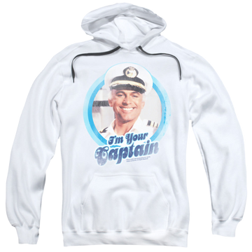 White pullover hoodie with The Love Boat Im Your Captain graphic