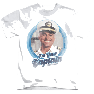 White kid's t-shirt for ages 4 to 7 with The Love Boat Im Your Captain graphic