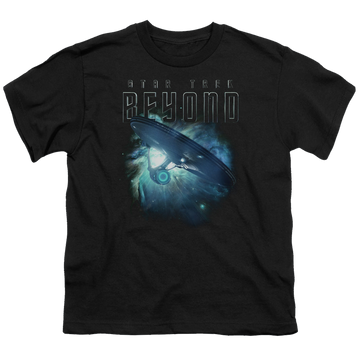 Black youth t-shirt for ages 8 to 12 with Star Trek Beyond Voyage graphic