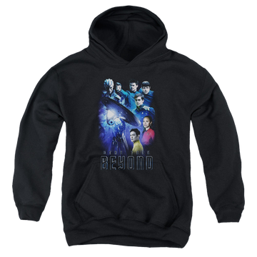 Black youth hoodie for ages 8 to 12 with Star Trek Beyond Cast graphic