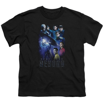 Black youth t-shirt for ages 8 to 12 with Star Trek Beyond Cast graphic
