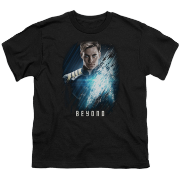 Black youth t-shirt for ages 8 to 12 with Star Trek Beyond Kirk Poster graphic
