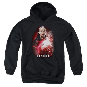 Black youth hoodie for ages 8 to 12 with Star Trek Beyond Uhura Poster graphic