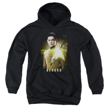 Black youth hoodie for ages 8 to 12 with Star Trek Beyond Sulu Poster graphic