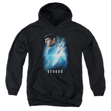 Black youth hoodie for ages 8 to 12 with Star Trek Beyond Spock Poster graphic