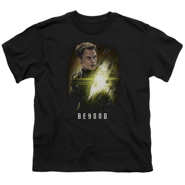 Black youth t-shirt for ages 8 to 12 with Star Trek Beyond Chekov Poster graphic