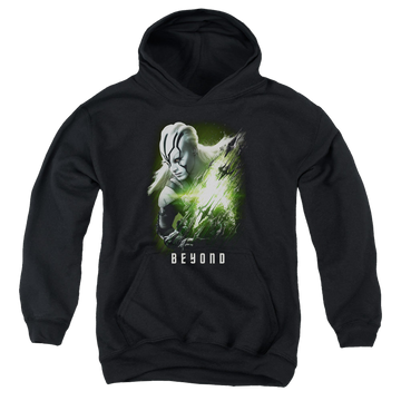 Black youth hoodie for ages 8 to 12 with Star Trek Beyond Jaylah Poster graphic