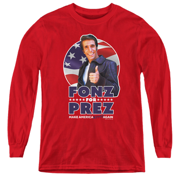 Red youth long sleeve t-shirt with Happy Days Fonz For Prez graphic