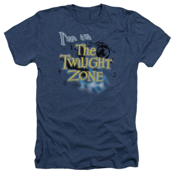 Navy men's heather t-shirt with Im In The Twilight Zone graphic