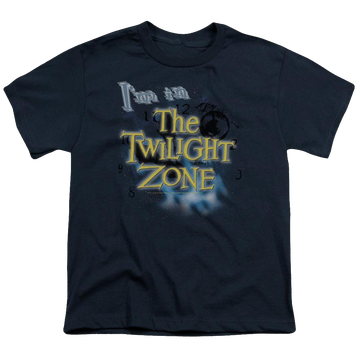 Navy youth t-shirt for ages 8 to 12 with Im In The Twilight Zone graphic