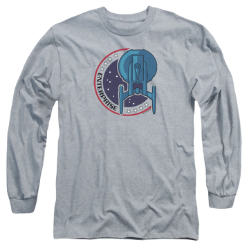 Athletic heather men's long sleeve t-shirt with Star Trek Enterprise Patch graphic