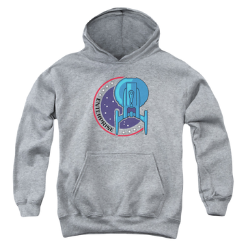 Athletic heather youth hoodie for ages 8 to 12 with Star Trek Enterprise Patch graphic
