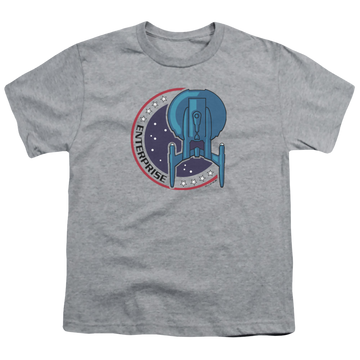 Athletic heather youth t-shirt for ages 8 to 12 with Star Trek Enterprise Patch graphic