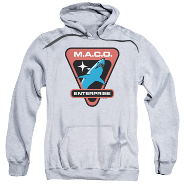 Athletic heather pullover hoodie with Star Trek Enterprise Maco Patch graphic
