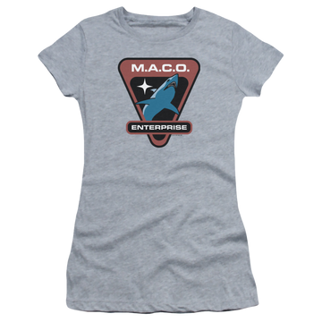Athletic heather juniors t-shirt with Star Trek Enterprise Maco Patch graphic