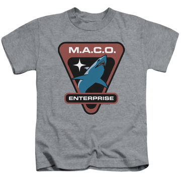 Athletic heather kid's t-shirt for ages 4 to 7 with Star Trek Enterprise Maco Patch graphic