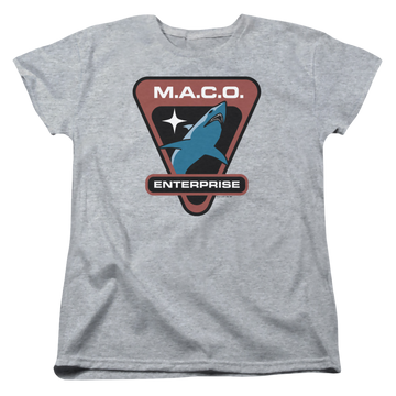 Athletic heather women's t-shirt with Star Trek Enterprise Maco Patch graphic