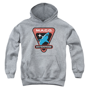 Athletic heather youth hoodie for ages 8 to 12 with Star Trek Enterprise Maco Patch graphic