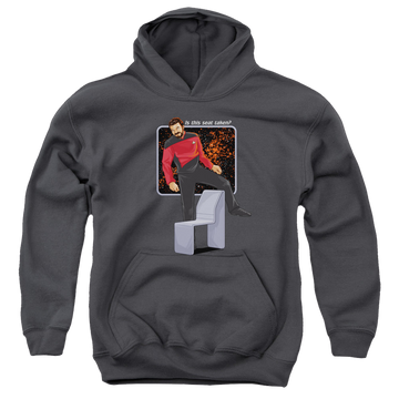 Charcoal youth hoodie for ages 8 to 12 with Star Trek The Next Generation Is This Seat Taken graphic