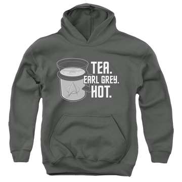 Charcoal youth hoodie for ages 8 to 12 with Star Trek The Next Generation Earl Grey graphic
