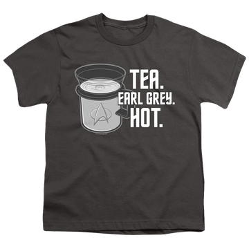 Charcoal youth t-shirt for ages 8 to 12 with Star Trek The Next Generation Earl Grey graphic