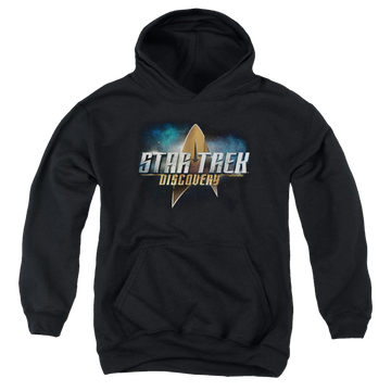 Black youth hoodie for ages 8 to 12 with Star Trek Discovery Logo graphic