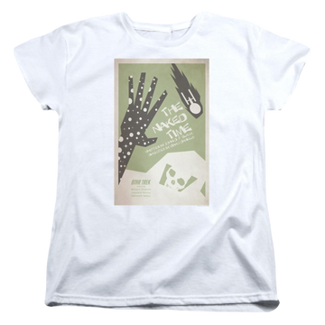 White women's t-shirt with Star Trek Tos Episode 4 graphic
