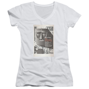 White juniors v-neck t-shirt with Star Trek Tos Episode 13 graphic